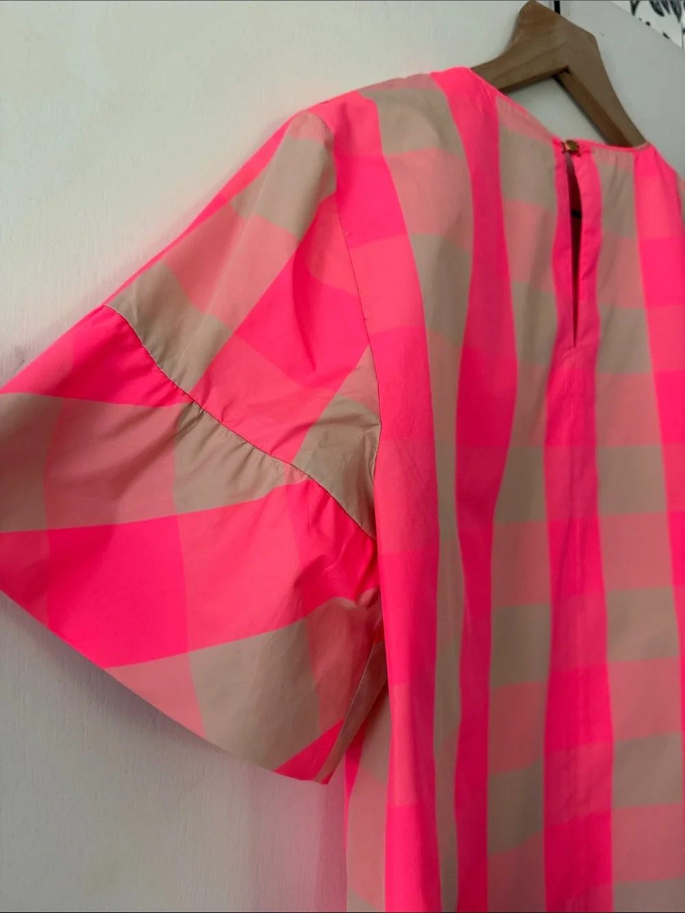 J. Crew Neon Pink and Beige Gingham Puff Sleeve Blouse